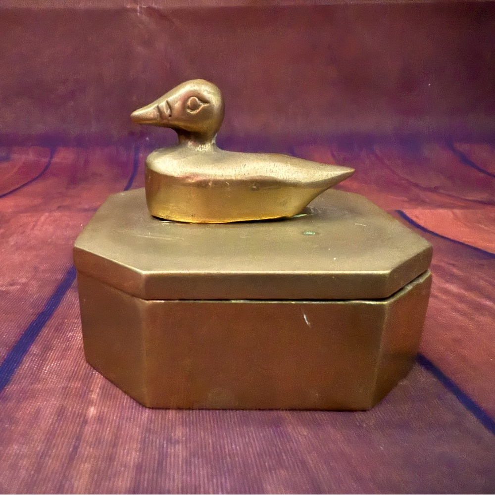 Vintage Mid Century Modern Solid Brass Duck Trinket Dish with Lid